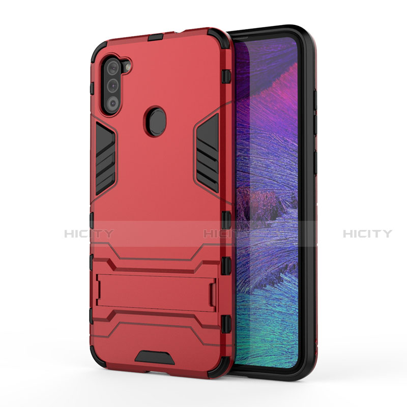 Funda Bumper Silicona y Plastico Mate Carcasa con Soporte para Samsung Galaxy A11 Rojo