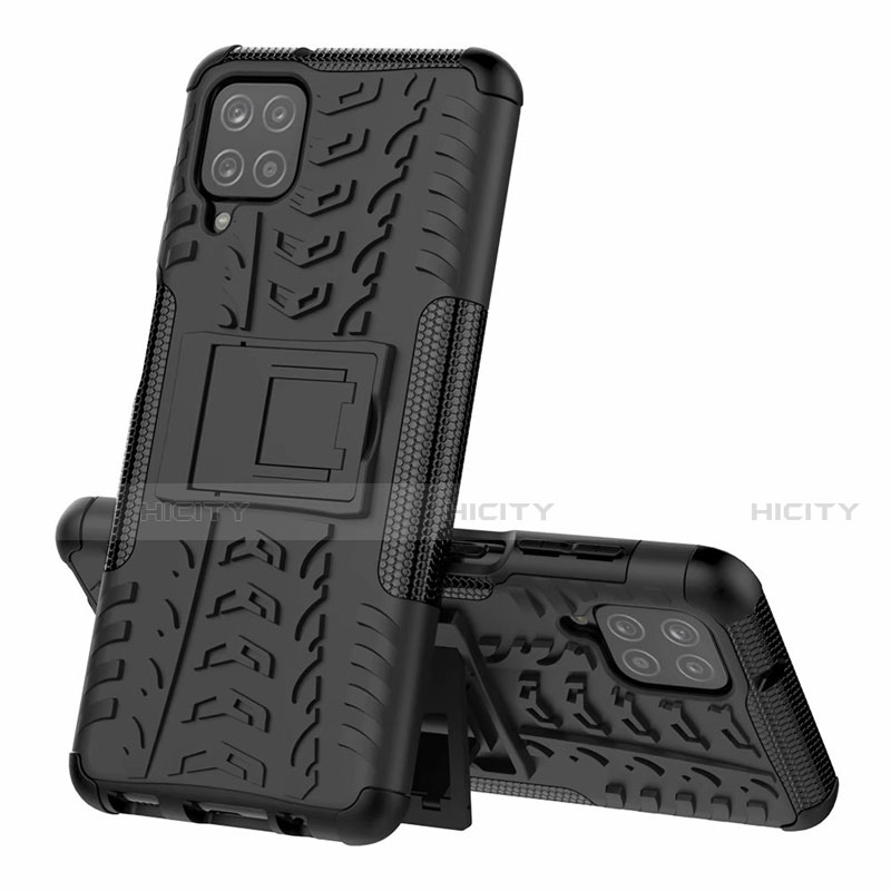 Funda Bumper Silicona y Plastico Mate Carcasa con Soporte para Samsung Galaxy A12 Negro