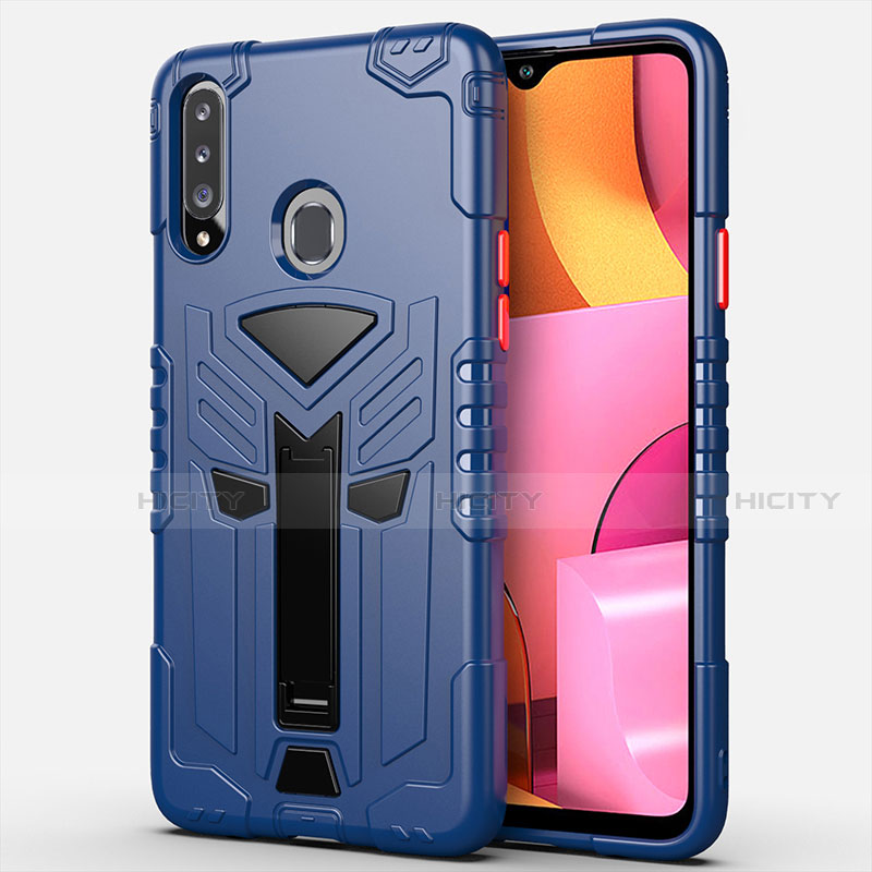 Funda Bumper Silicona y Plastico Mate Carcasa con Soporte para Samsung Galaxy A20s Azul