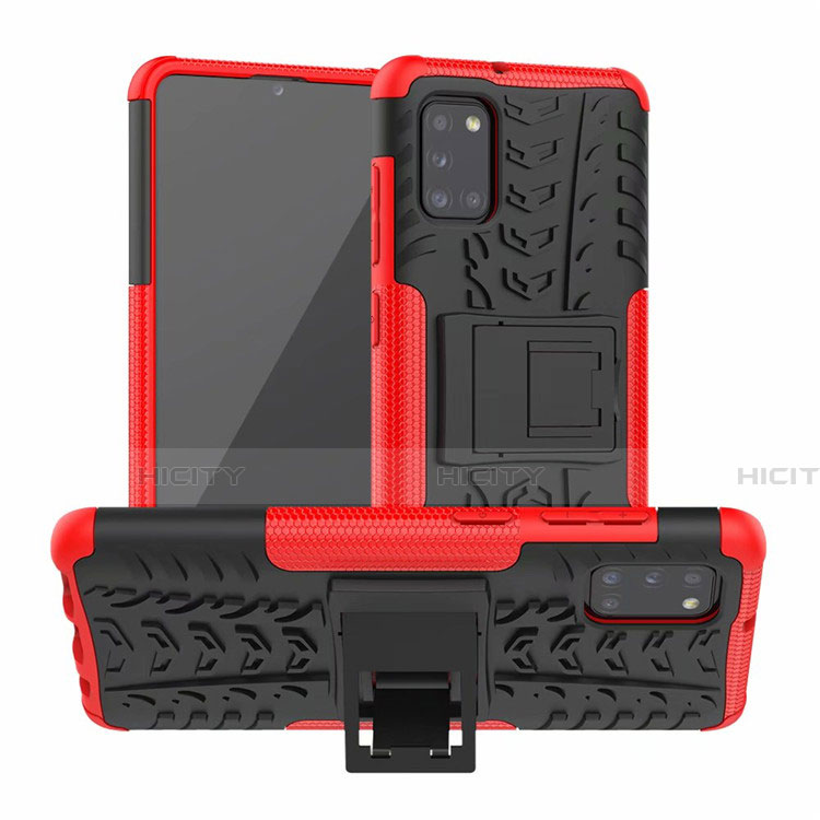 Funda Bumper Silicona y Plastico Mate Carcasa con Soporte para Samsung Galaxy A31 Rojo