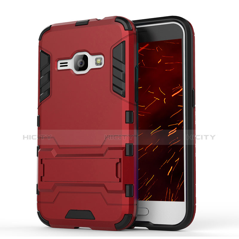 Funda Bumper Silicona y Plastico Mate Carcasa con Soporte para Samsung Galaxy J1 (2016) J120F Rojo