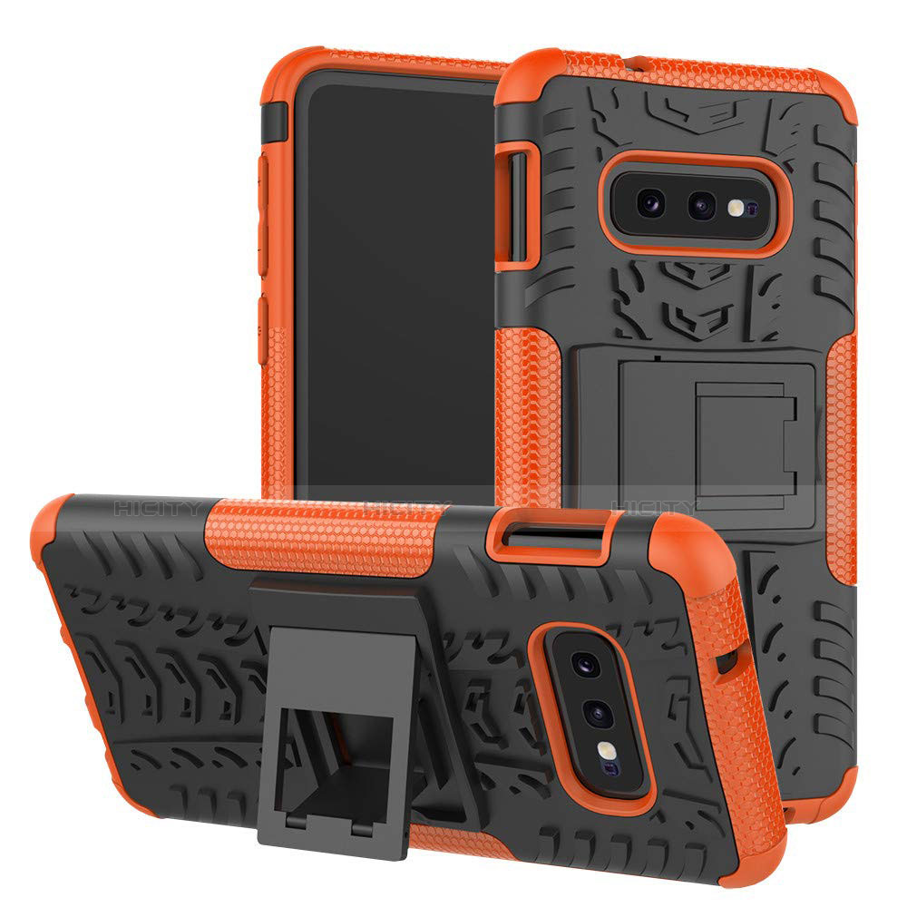 Funda Bumper Silicona y Plastico Mate Carcasa con Soporte para Samsung Galaxy S10e Naranja