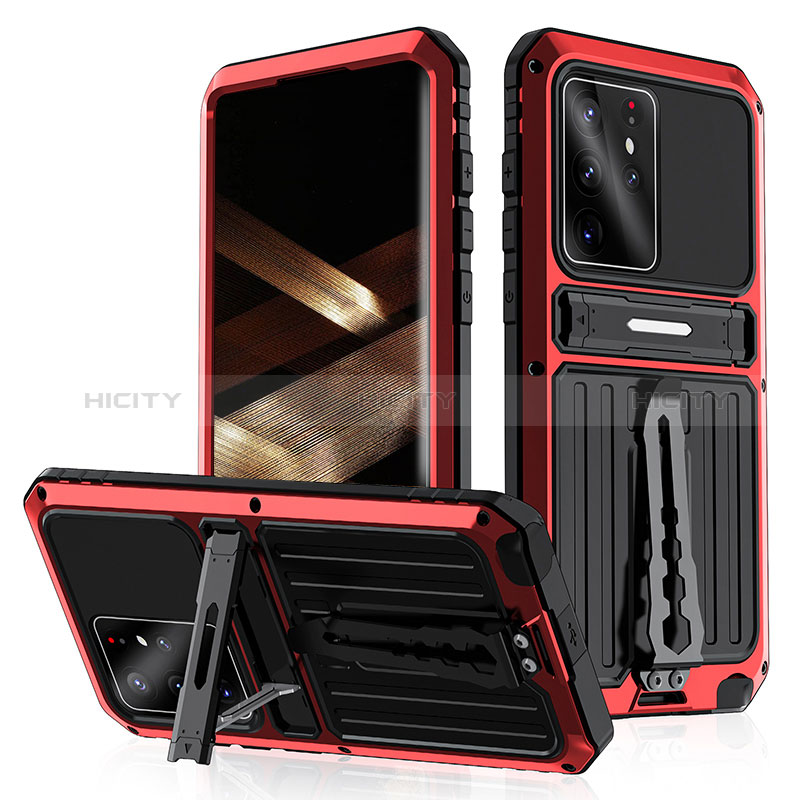 Funda Bumper Silicona y Plastico Mate Carcasa con Soporte para Samsung Galaxy S24 Ultra 5G Rojo