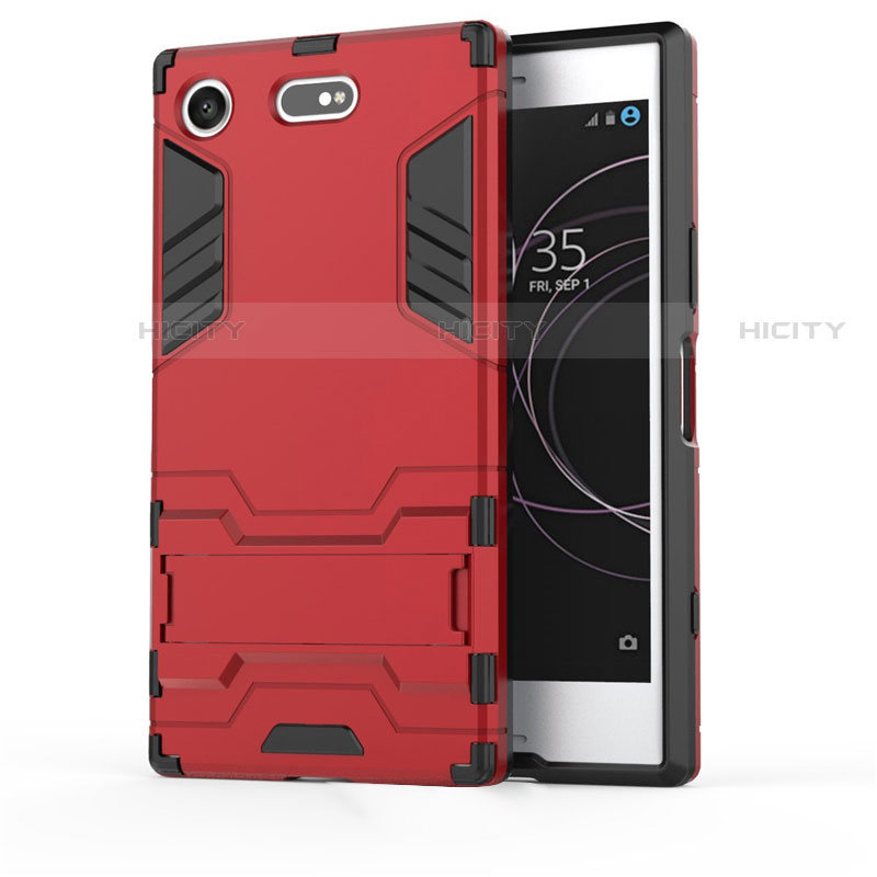 Funda Bumper Silicona y Plastico Mate Carcasa con Soporte para Sony Xperia XZ1 Compact Rojo