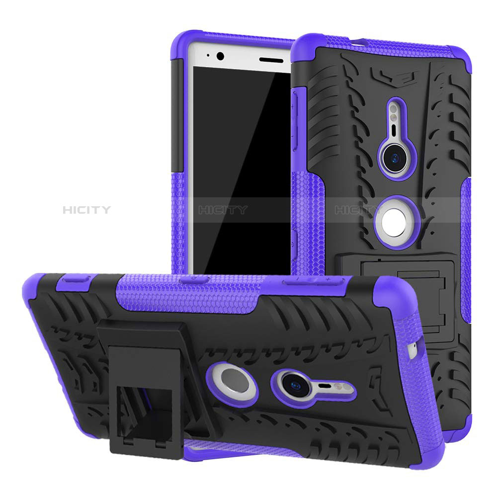 Funda Bumper Silicona y Plastico Mate Carcasa con Soporte para Sony Xperia XZ2 Morado