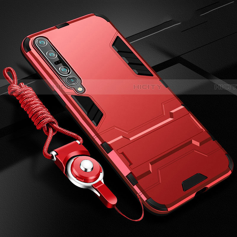 Funda Bumper Silicona y Plastico Mate Carcasa con Soporte para Xiaomi Mi 10 Pro Rojo