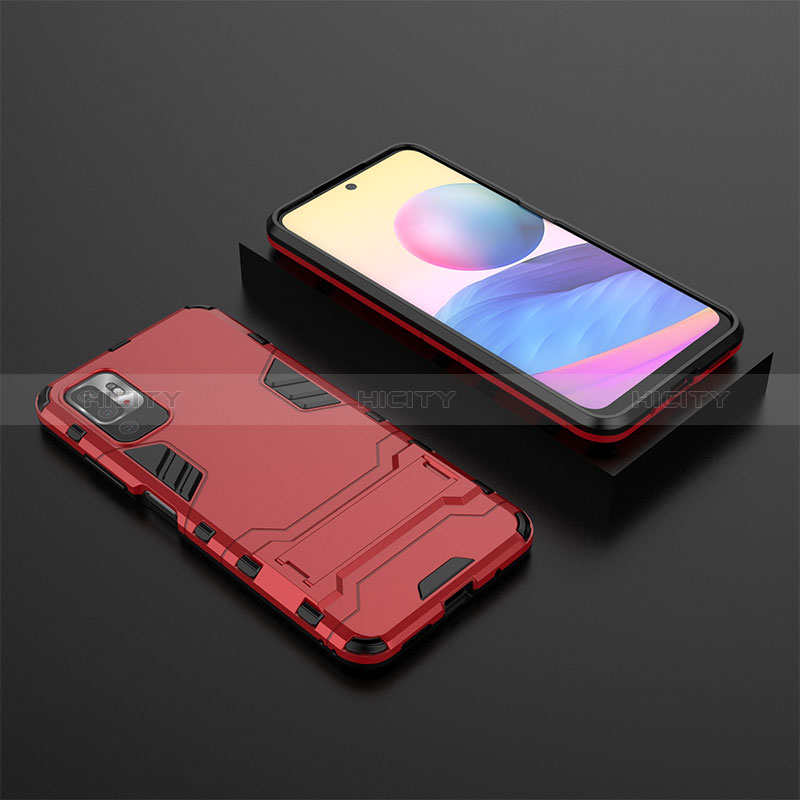 Funda Bumper Silicona y Plastico Mate Carcasa con Soporte para Xiaomi POCO M3 Pro 5G Rojo