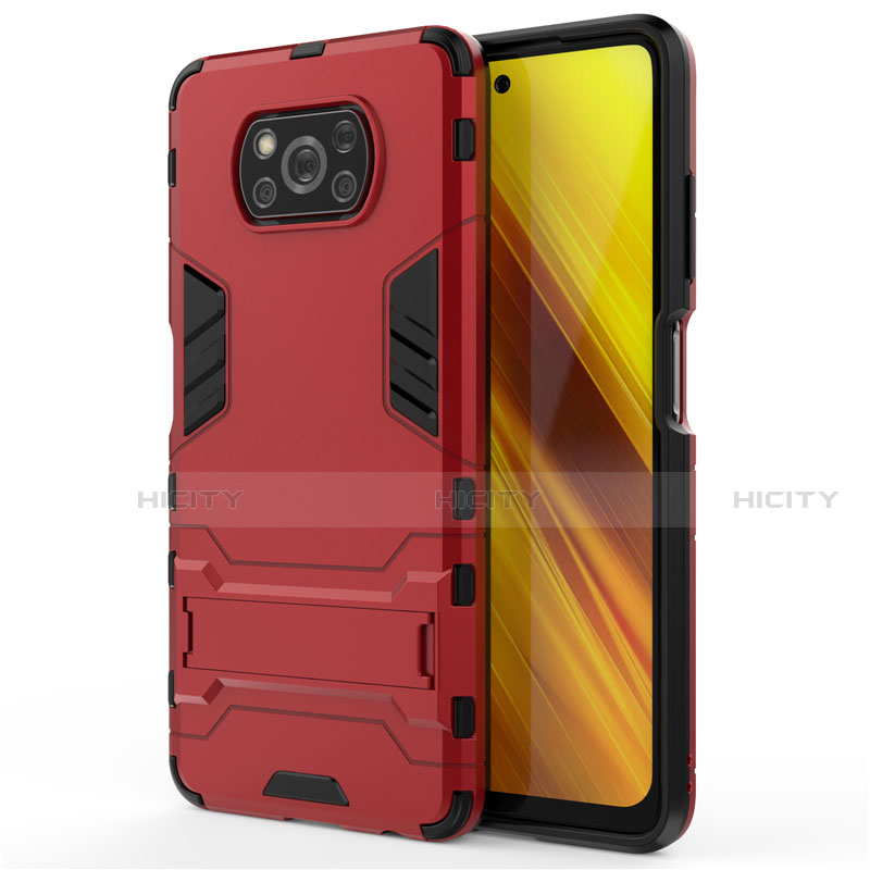 Funda Bumper Silicona y Plastico Mate Carcasa con Soporte para Xiaomi Poco X3 NFC Rojo