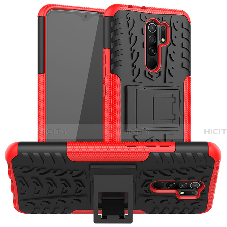 Funda Bumper Silicona y Plastico Mate Carcasa con Soporte para Xiaomi Redmi 9 Rojo