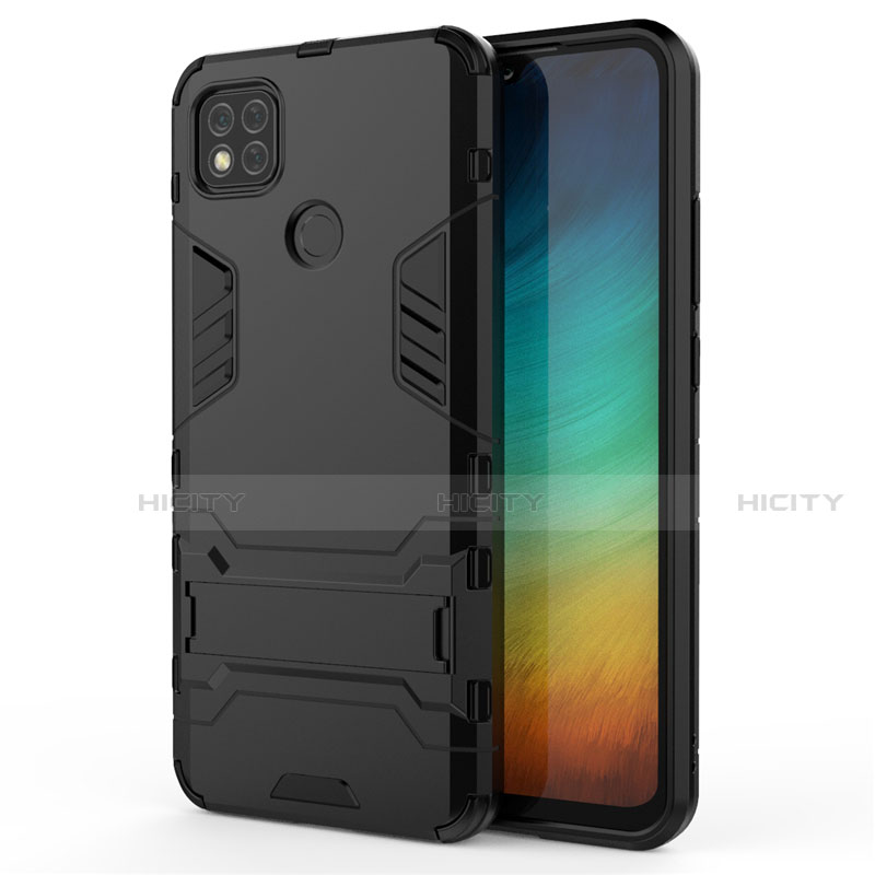 Funda Bumper Silicona y Plastico Mate Carcasa con Soporte para Xiaomi Redmi 9C NFC Negro