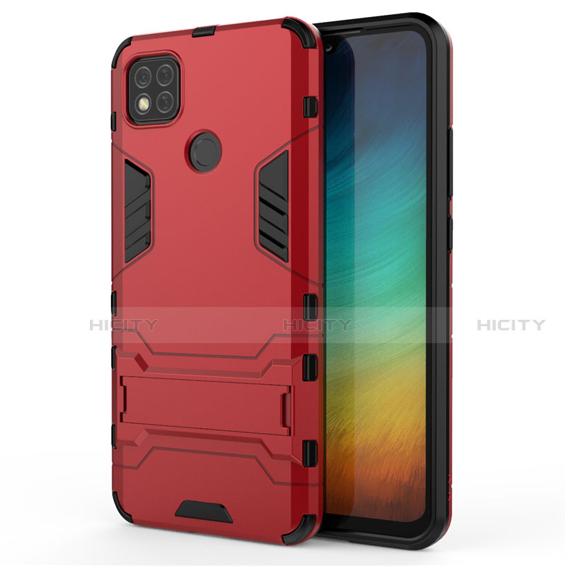 Funda Bumper Silicona y Plastico Mate Carcasa con Soporte para Xiaomi Redmi 9C NFC Rojo