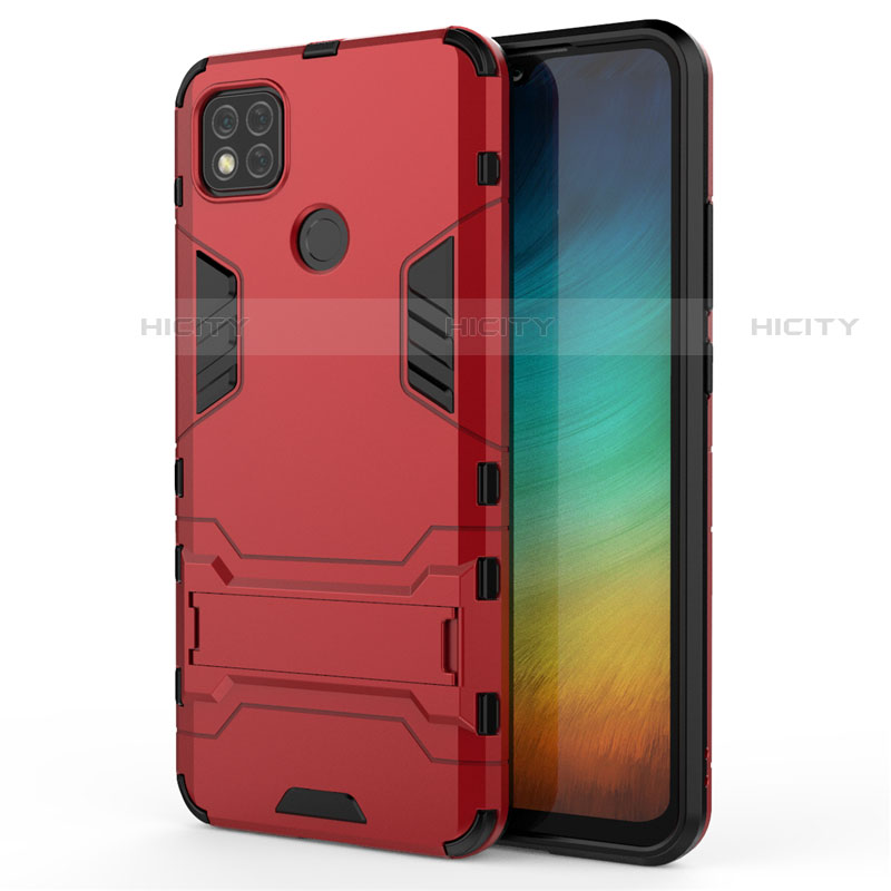 Funda Bumper Silicona y Plastico Mate Carcasa con Soporte para Xiaomi Redmi 9C Rojo