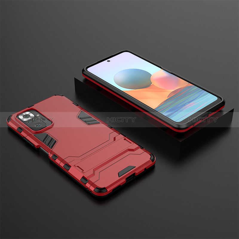 Funda Bumper Silicona y Plastico Mate Carcasa con Soporte para Xiaomi Redmi Note 10 Pro 4G Rojo