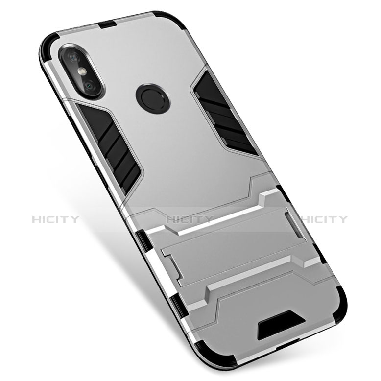 Funda Bumper Silicona y Plastico Mate Carcasa con Soporte para Xiaomi Redmi Note 5 Pro Plata