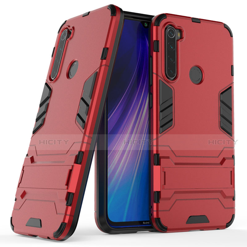 Funda Bumper Silicona y Plastico Mate Carcasa con Soporte para Xiaomi Redmi Note 8 (2021) Rojo