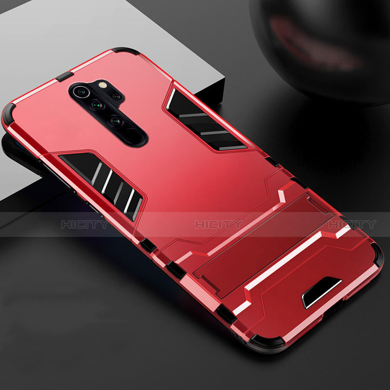 Funda Bumper Silicona y Plastico Mate Carcasa con Soporte para Xiaomi Redmi Note 8 Pro Rojo