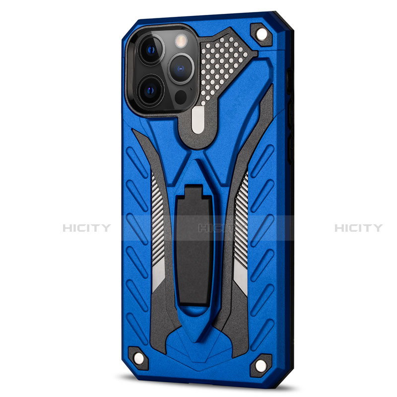 Funda Bumper Silicona y Plastico Mate Carcasa con Soporte R01 para Apple iPhone 12 Pro Azul