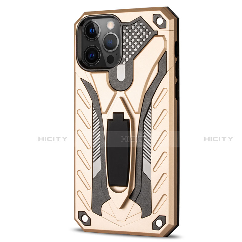 Funda Bumper Silicona y Plastico Mate Carcasa con Soporte R01 para Apple iPhone 12 Pro Max Oro