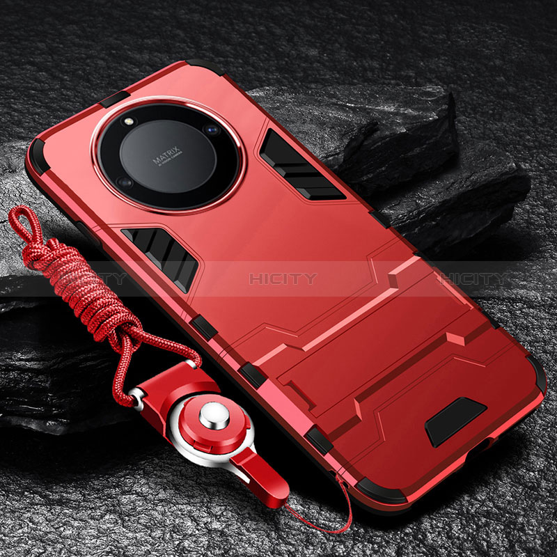 Funda Bumper Silicona y Plastico Mate Carcasa con Soporte R01 para Huawei Honor X9b 5G Rojo