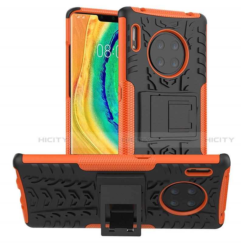 Funda Bumper Silicona y Plastico Mate Carcasa con Soporte R01 para Huawei Mate 30 Naranja