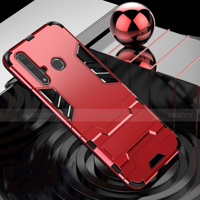 Funda Bumper Silicona y Plastico Mate Carcasa con Soporte R01 para Huawei Nova 5i Rojo