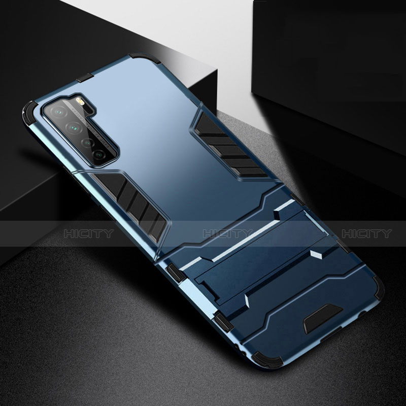 Funda Bumper Silicona y Plastico Mate Carcasa con Soporte R01 para Huawei Nova 7 SE 5G Azul