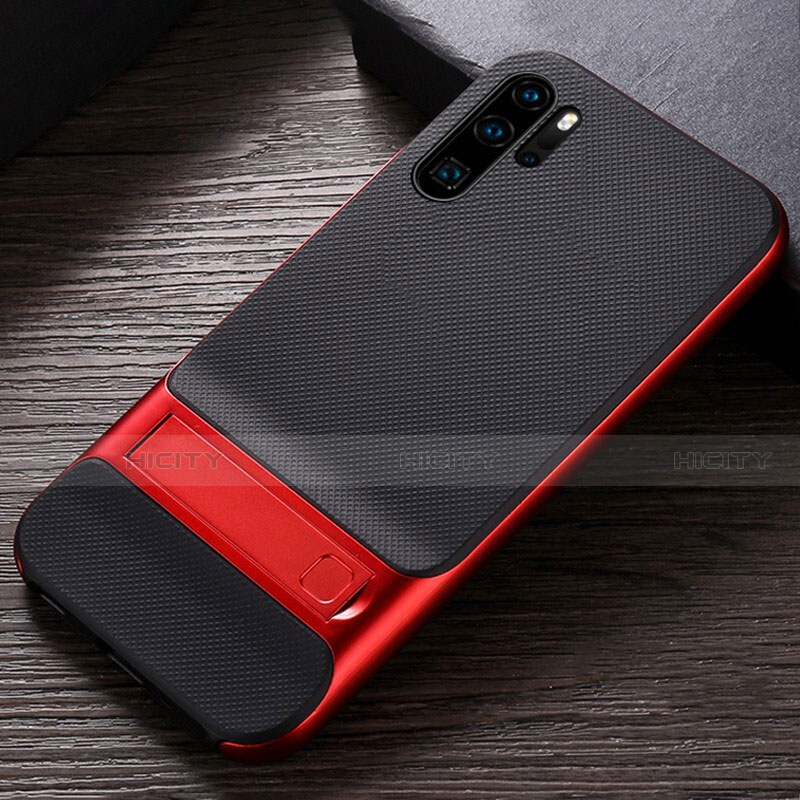 Funda Bumper Silicona y Plastico Mate Carcasa con Soporte R01 para Huawei P30 Pro Rojo