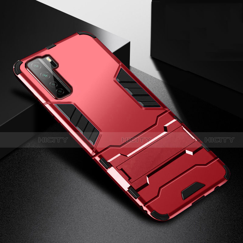 Funda Bumper Silicona y Plastico Mate Carcasa con Soporte R01 para Huawei P40 Lite 5G Rojo