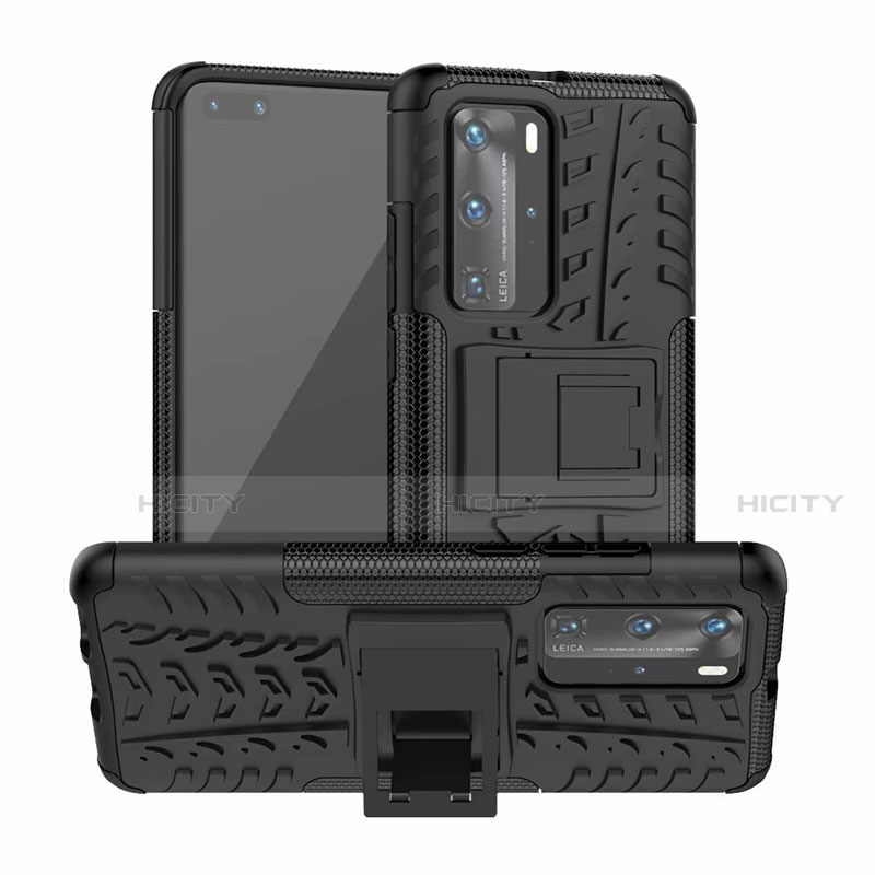 Funda Bumper Silicona y Plastico Mate Carcasa con Soporte R01 para Huawei P40 Pro Negro