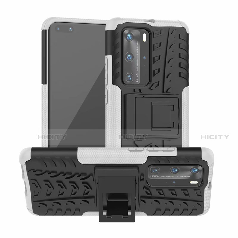 Funda Bumper Silicona y Plastico Mate Carcasa con Soporte R01 para Huawei P40 Pro Plata