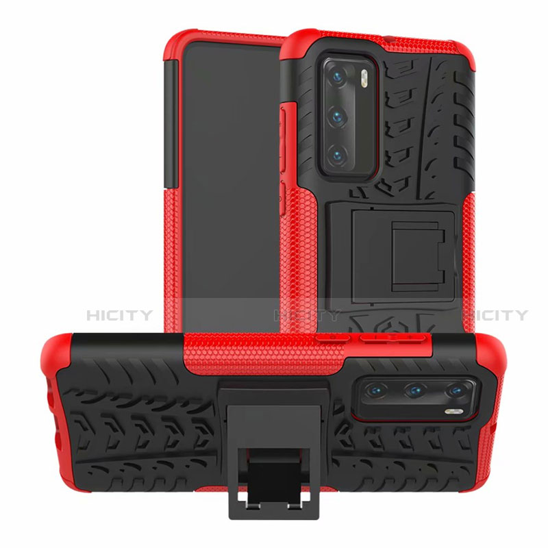 Funda Bumper Silicona y Plastico Mate Carcasa con Soporte R01 para Huawei P40 Rojo