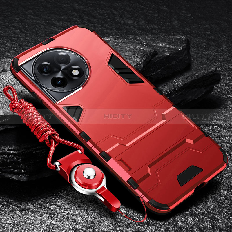 Funda Bumper Silicona y Plastico Mate Carcasa con Soporte R01 para OnePlus 11 5G Rojo