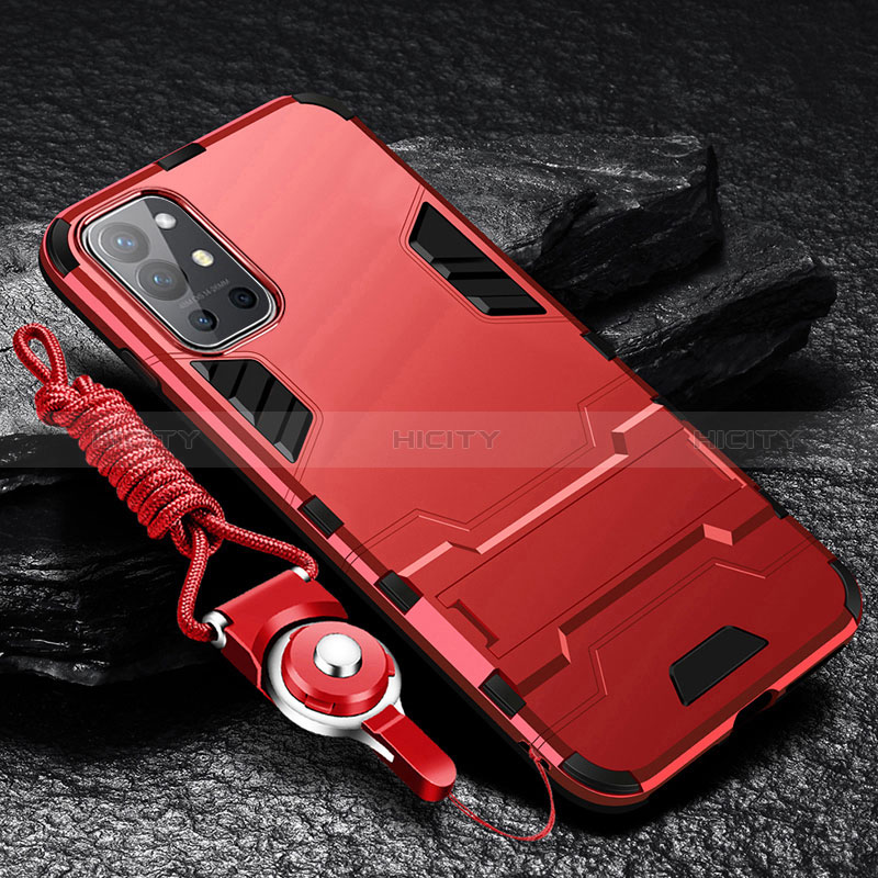 Funda Bumper Silicona y Plastico Mate Carcasa con Soporte R01 para OnePlus 9R 5G Rojo