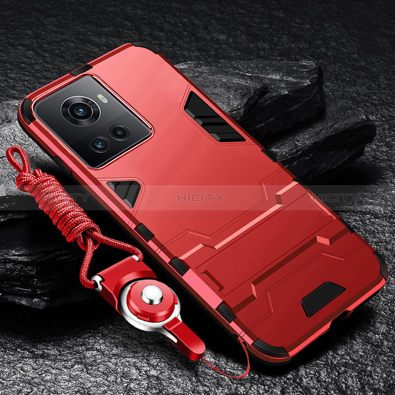 Funda Bumper Silicona y Plastico Mate Carcasa con Soporte R01 para OnePlus Ace 5G Rojo