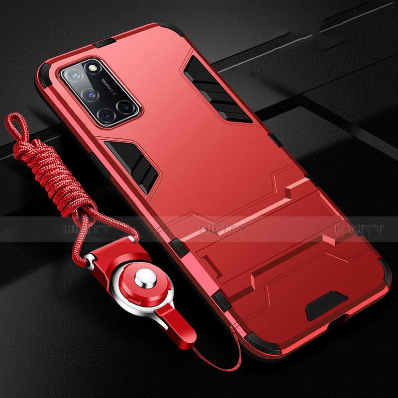 Funda Bumper Silicona y Plastico Mate Carcasa con Soporte R01 para Oppo A72 Rojo