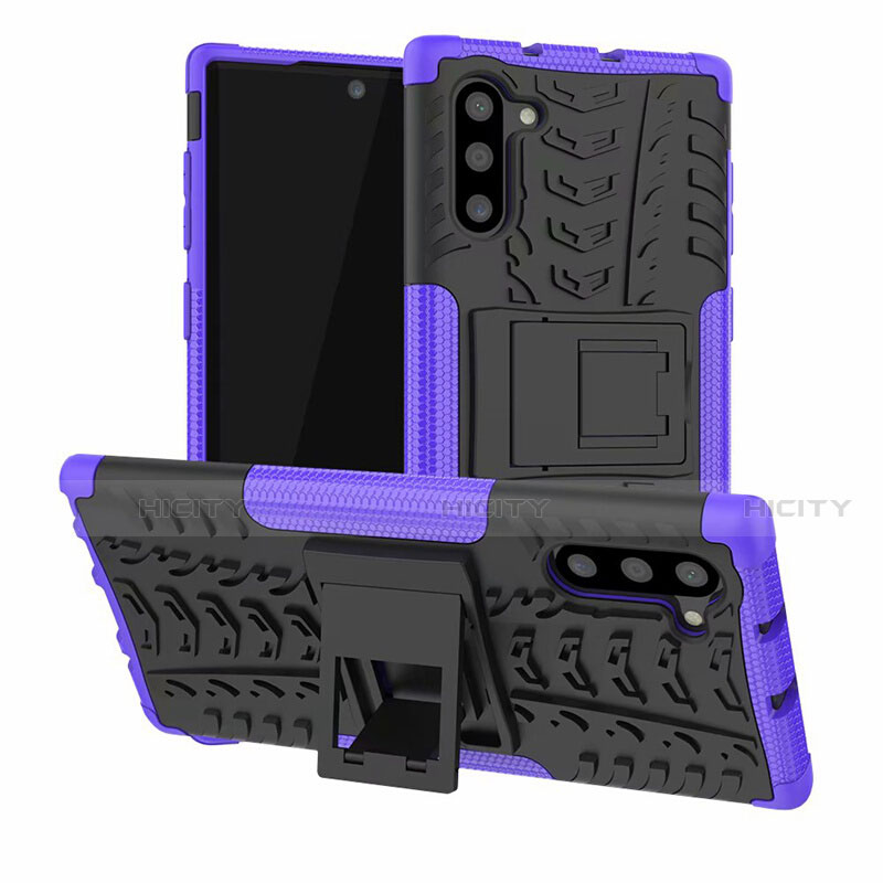 Funda Bumper Silicona y Plastico Mate Carcasa con Soporte R01 para Samsung Galaxy Note 10 Morado