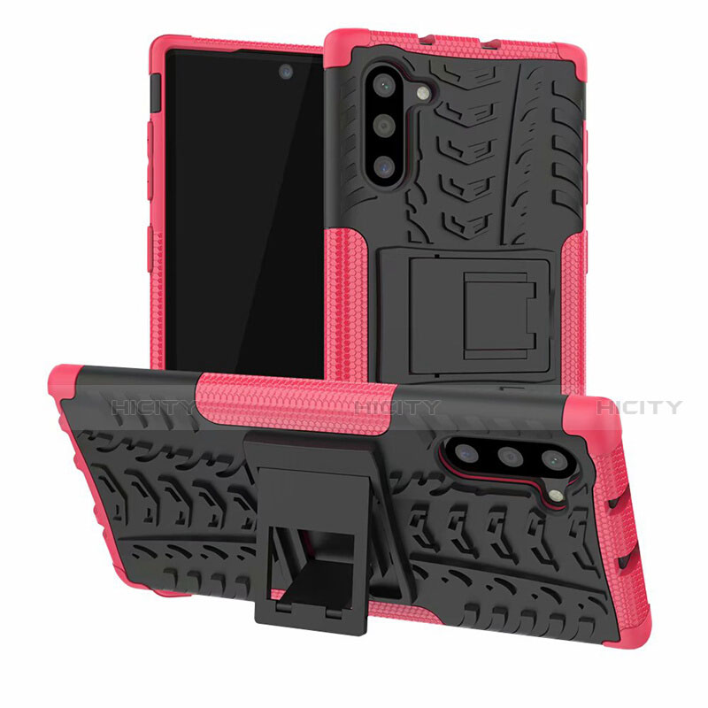 Funda Bumper Silicona y Plastico Mate Carcasa con Soporte R01 para Samsung Galaxy Note 10 Rosa Roja