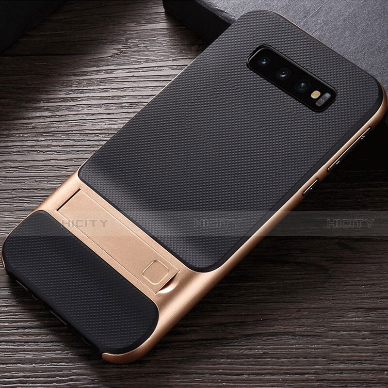 Funda Bumper Silicona y Plastico Mate Carcasa con Soporte R01 para Samsung Galaxy S10 5G Oro