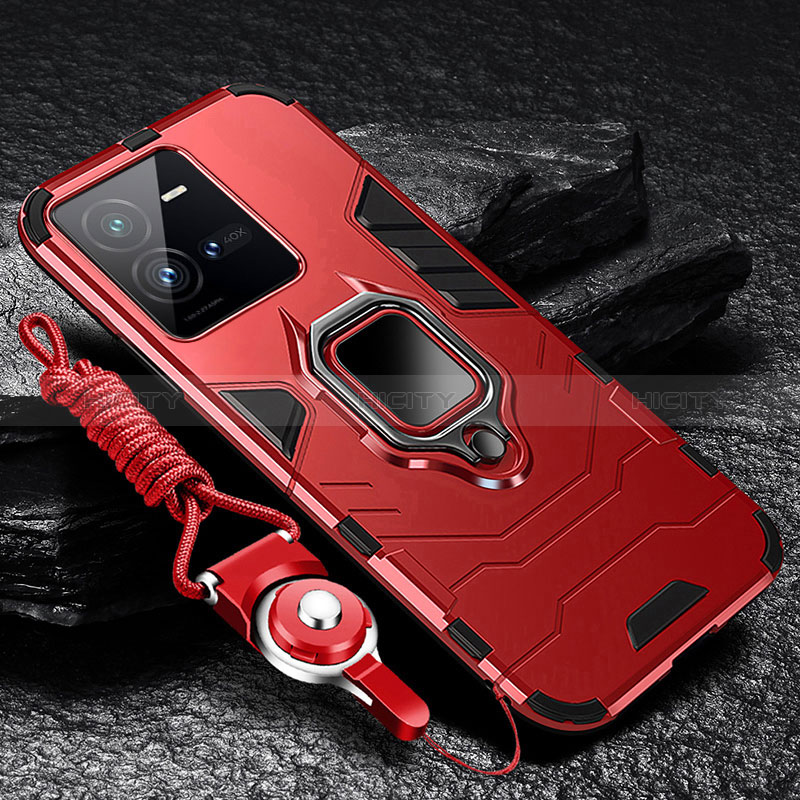 Funda Bumper Silicona y Plastico Mate Carcasa con Soporte R01 para Vivo iQOO 10 Pro 5G Rojo