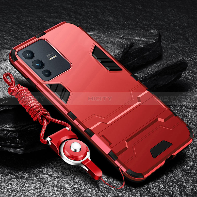 Funda Bumper Silicona y Plastico Mate Carcasa con Soporte R01 para Vivo V23 Pro 5G Rojo