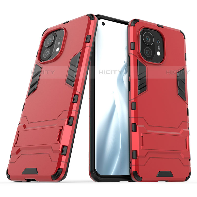 Funda Bumper Silicona y Plastico Mate Carcasa con Soporte R01 para Xiaomi Mi 11 5G Rojo