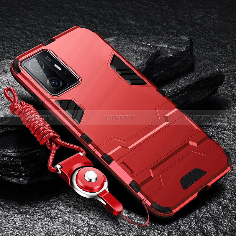 Funda Bumper Silicona y Plastico Mate Carcasa con Soporte R01 para Xiaomi Mi 11T 5G Rojo