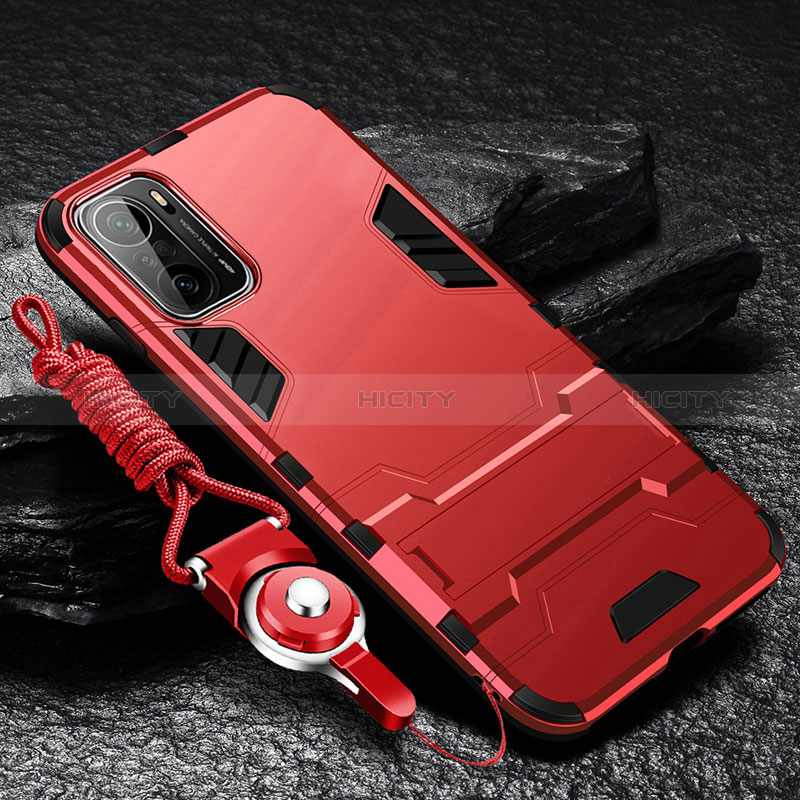 Funda Bumper Silicona y Plastico Mate Carcasa con Soporte R01 para Xiaomi Mi 11X 5G Rojo