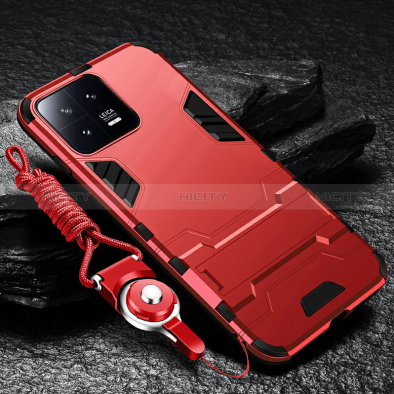 Funda Bumper Silicona y Plastico Mate Carcasa con Soporte R01 para Xiaomi Mi 13 Pro 5G Rojo