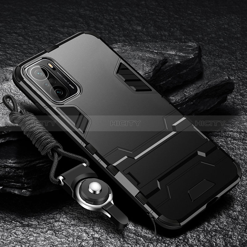 Funda Bumper Silicona y Plastico Mate Carcasa con Soporte R01 para Xiaomi Poco F3 5G Negro
