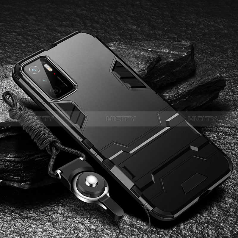 Funda Bumper Silicona y Plastico Mate Carcasa con Soporte R01 para Xiaomi POCO M3 Pro 5G Negro