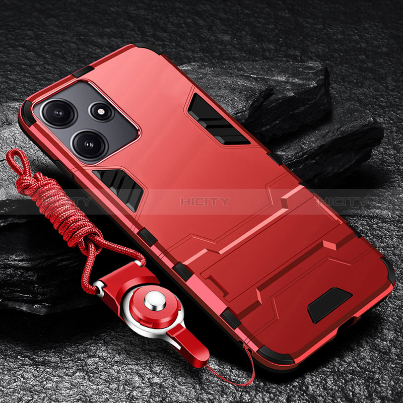 Funda Bumper Silicona y Plastico Mate Carcasa con Soporte R01 para Xiaomi Poco M6 Pro 5G Rojo