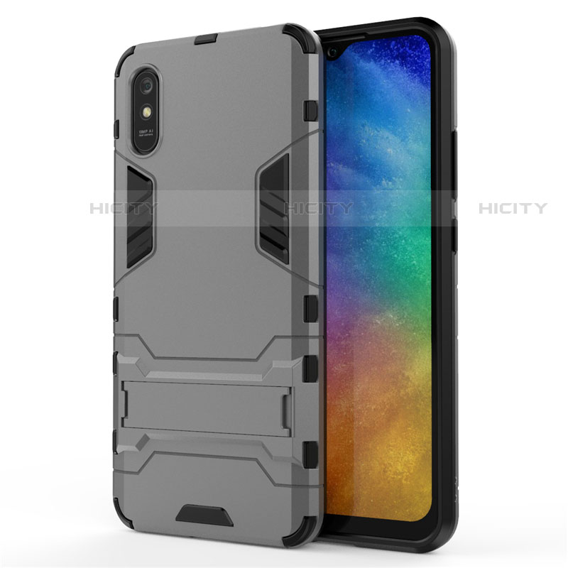 Funda Bumper Silicona y Plastico Mate Carcasa con Soporte R01 para Xiaomi Redmi 9A Gris