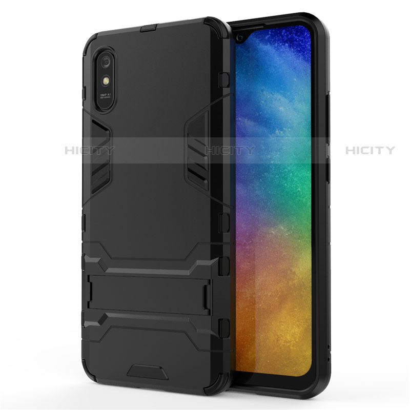 Funda Bumper Silicona y Plastico Mate Carcasa con Soporte R01 para Xiaomi Redmi 9A Negro