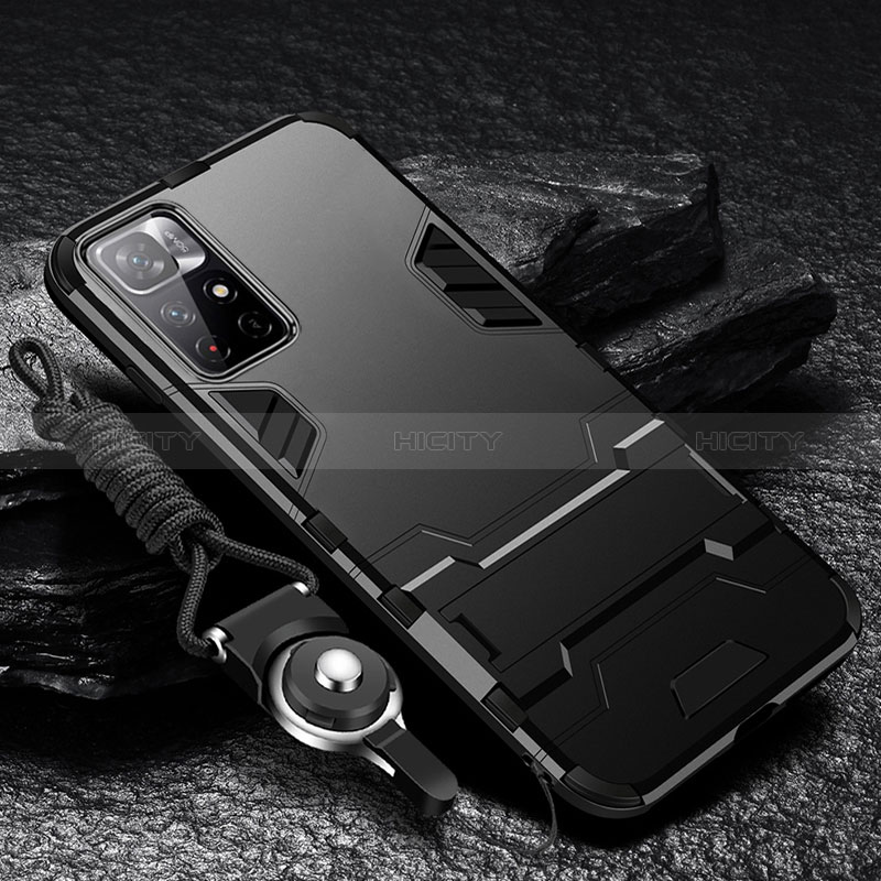 Funda Bumper Silicona y Plastico Mate Carcasa con Soporte R01 para Xiaomi Redmi Note 11T 5G Negro